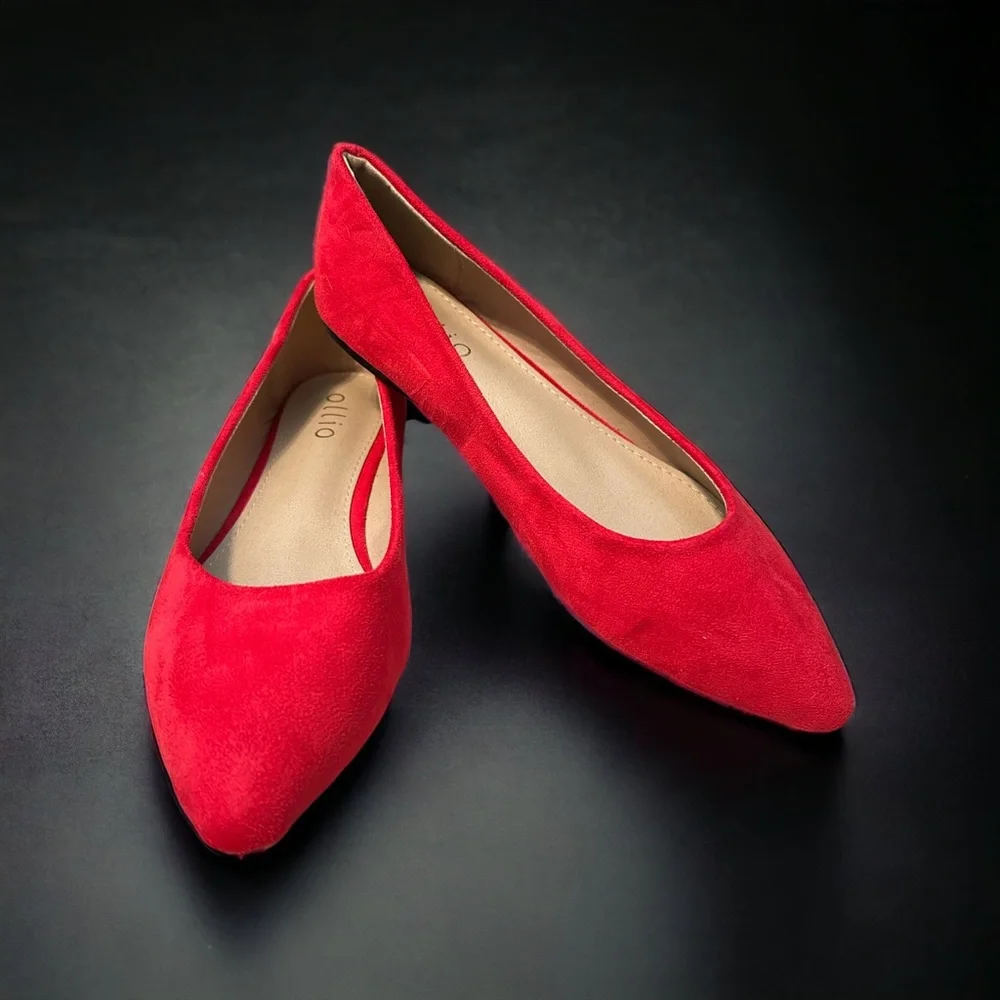 Red Faux Suede Pointed-Toe Flats - Picture 1 of 2
